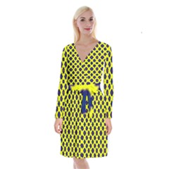 Modern Dark Blue Flowers On Yellow Long Sleeve Velvet Front Wrap Dress