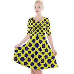 Modern Dark Blue Flowers On Yellow Quarter Sleeve A-Line Dress