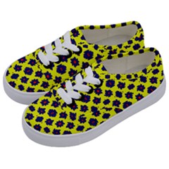 Modern Dark Blue Flowers On Yellow Kids  Classic Low Top Sneakers