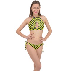 Modern Dark Blue Flowers On Yellow Cross Front Halter Bikini Set by BrightVibesDesign