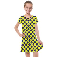 Modern Dark Blue Flowers On Yellow Kids  Cross Web Dress by BrightVibesDesign