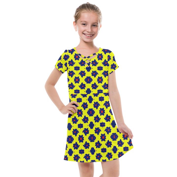 Modern Dark Blue Flowers On Yellow Kids  Cross Web Dress