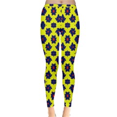 Modern Dark Blue Flowers On Yellow Inside Out Leggings