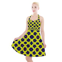 Modern Dark Blue Flowers On Yellow Halter Party Swing Dress 