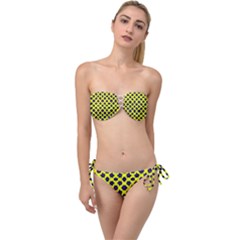 Modern Dark Blue Flowers On Yellow Twist Bandeau Bikini Set