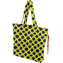 Modern Dark Blue Flowers On Yellow Drawstring Tote Bag