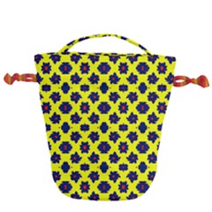 Modern Dark Blue Flowers On Yellow Drawstring Bucket Bag