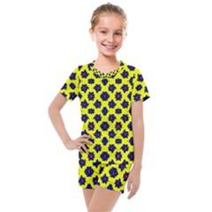 Modern Dark Blue Flowers On Yellow Kids  Mesh Tee and Shorts Set