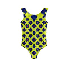 Modern Dark Blue Flowers On Yellow Kids  Frill Swimsuit