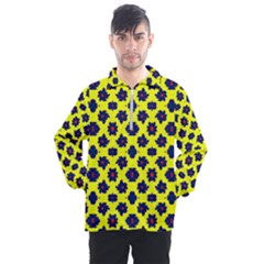 Modern Dark Blue Flowers On Yellow Men s Half Zip Pullover