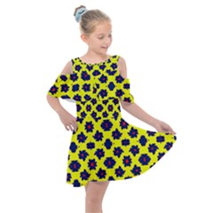 Modern Dark Blue Flowers On Yellow Kids  Shoulder Cutout Chiffon Dress