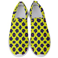 Modern Dark Blue Flowers On Yellow Men s Slip On Sneakers by BrightVibesDesign