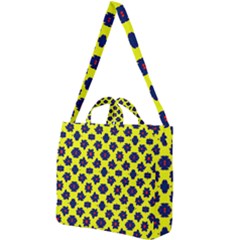 Modern Dark Blue Flowers On Yellow Square Shoulder Tote Bag