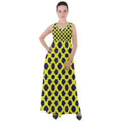 Modern Dark Blue Flowers On Yellow Empire Waist Velour Maxi Dress