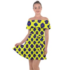 Modern Dark Blue Flowers On Yellow Off Shoulder Velour Dress