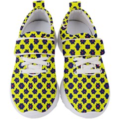 Modern Dark Blue Flowers On Yellow Kids  Velcro Strap Shoes