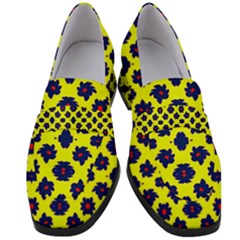 Modern Dark Blue Flowers On Yellow Women s Chunky Heel Loafers
