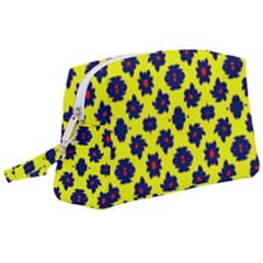 Modern Dark Blue Flowers On Yellow Wristlet Pouch Bag (large) by BrightVibesDesign