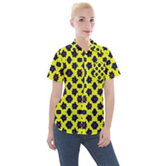 Modern Dark Blue Flowers On Yellow Women s Short Sleeve Pocket Shirt