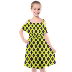 Modern Dark Blue Flowers On Yellow Kids  Cut Out Shoulders Chiffon Dress