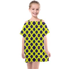 Modern Dark Blue Flowers On Yellow Kids  One Piece Chiffon Dress