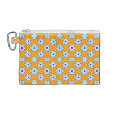 Modern Blue Flowers  On Orange Canvas Cosmetic Bag (medium) by BrightVibesDesign