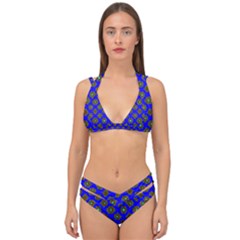 Modern Brown Flowers On Blue Double Strap Halter Bikini Set