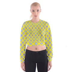 Modern Blue Flowers  On Yellow Cropped Sweatshirt by BrightVibesDesign