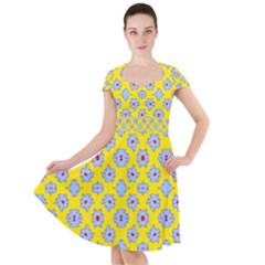 Modern Blue Flowers  On Yellow Cap Sleeve Midi Dress by BrightVibesDesign