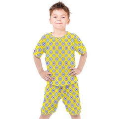 Modern Blue Flowers  On Yellow Kids  Tee And Shorts Set by BrightVibesDesign