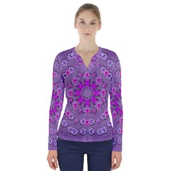 Beautiful Floral Wreaths And Flowers Around The Earth V-neck Long Sleeve Top by pepitasart