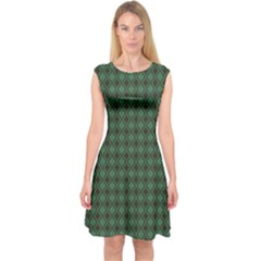 Argyle Dark Green Brown Pattern Capsleeve Midi Dress by BrightVibesDesign