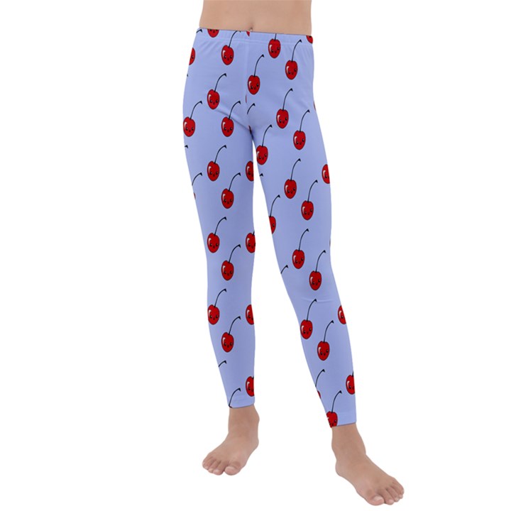 Kawaii Cherries Blue Pattern Kids  Lightweight Velour Leggings