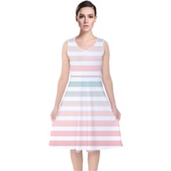 Horizontal Pinstripes In Soft Colors V-neck Midi Sleeveless Dress 