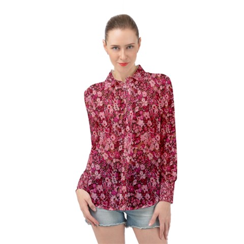 Red Floral Garden Design    Long Sleeve Chiffon Shirt by 1dsign