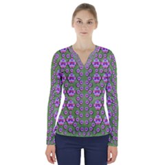 Fantasy Flowers Dancing In The Green Spring V-neck Long Sleeve Top by pepitasart