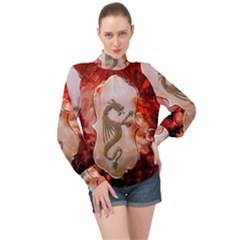 Wonderful Chinese Dragon With Flowers On The Background High Neck Long Sleeve Chiffon Top by FantasyWorld7
