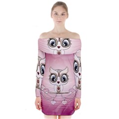 Cute Little Owl With Hearts Long Sleeve Off Shoulder Dress by FantasyWorld7