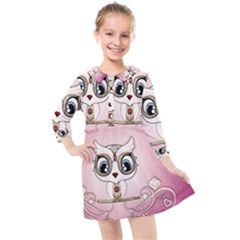Cute Little Owl With Hearts Kids  Quarter Sleeve Shirt Dress by FantasyWorld7