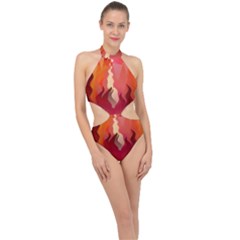 Fire Abstract Cartoon Red Hot Halter Side Cut Swimsuit