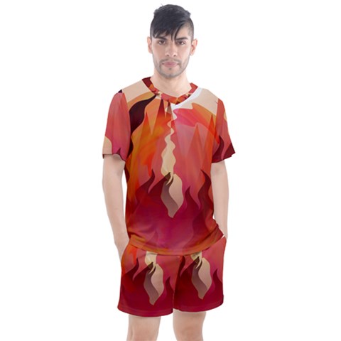 Fire Abstract Cartoon Red Hot Men s Mesh Tee And Shorts Set by Nexatart