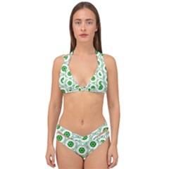 White Background Green Shapes Double Strap Halter Bikini Set