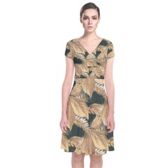 Scrapbook Leaves Decorative Short Sleeve Front Wrap Dress