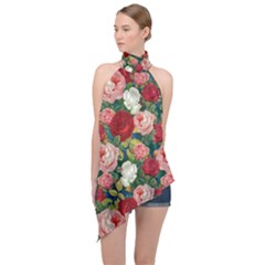 Roses Repeat Floral Bouquet Halter Asymmetric Satin Top