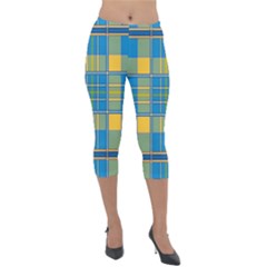 Plaid Tartan Scottish Blue Yellow Lightweight Velour Capri Leggings 