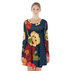 All Good Things - Floral Pattern Long Sleeve Velvet V-neck Dress