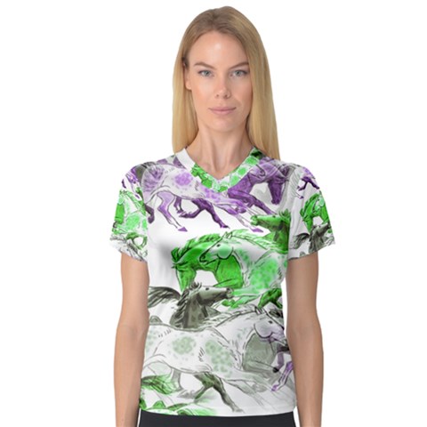 Horse Animal World Green V-neck Sport Mesh Tee by BangZart