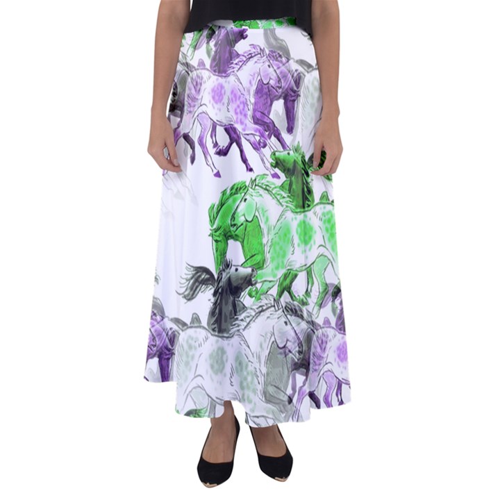 Horse Animal World Green Flared Maxi Skirt