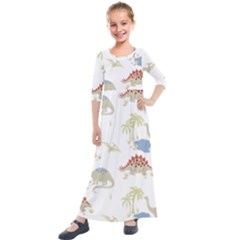 Dinosaur Animal Art Pattern Kids  Quarter Sleeve Maxi Dress by BangZart