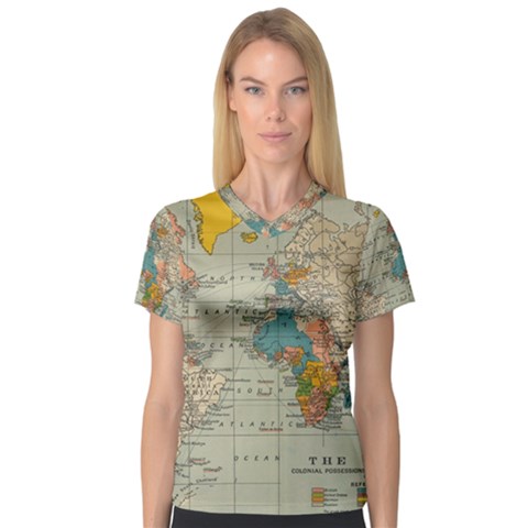 World Map Vintage V-neck Sport Mesh Tee by BangZart